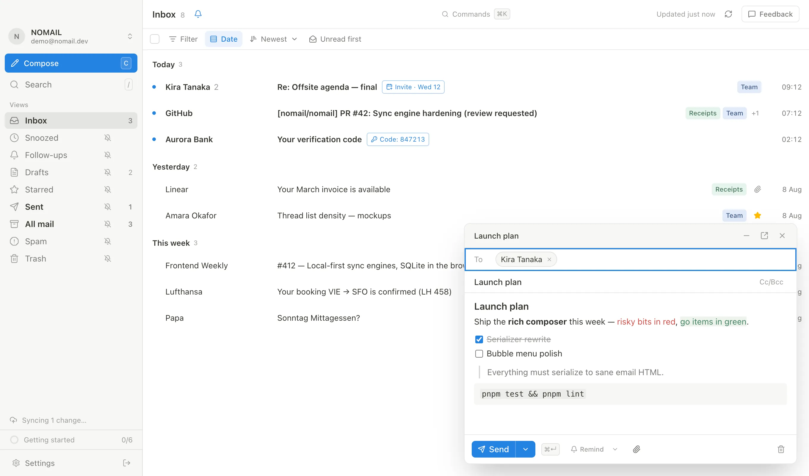 The pop-out composer with a rich draft: heading, bold and colored text, a checked to-do list, a quote, and a code block